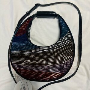 STAUD Multicolor Crystal-Embellished Black Crescent Crossbody Bag